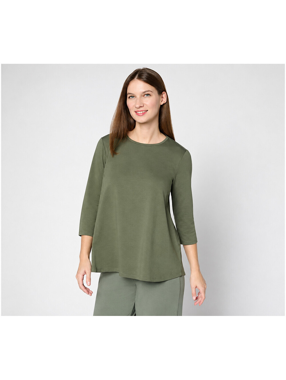Denim & Co. Beach Jersey Round Neck 3/4 Sleeve Swing Top Dark Olive,Medium